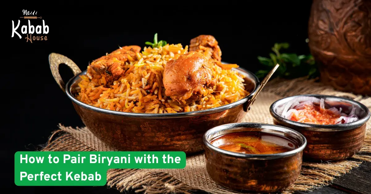 Delicious chicken biryani served with curry, salad, and chutney, highlighting pairing ideas with kebabs at New Kabab House