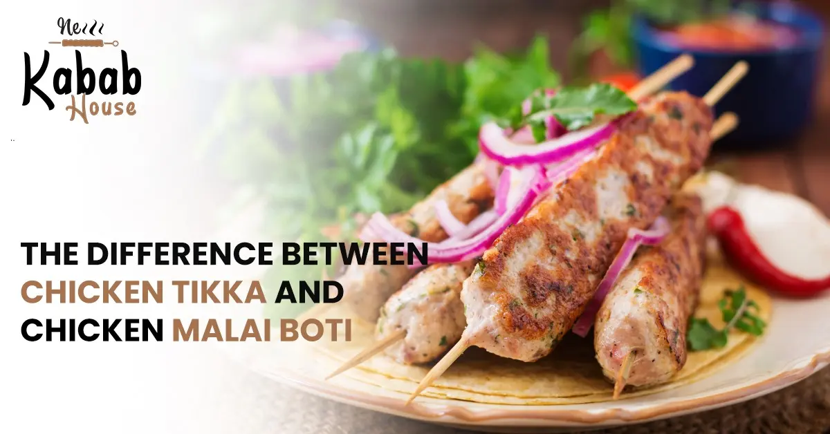 Plate of grilled chicken malai boti skewers with onions and herbs, beside text about chicken tikka vs malai boti.