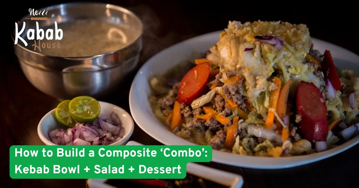 Delicious kebab bowl served with fresh vegetables, salad, and sides, showing a complete combo meal with balance and flavor.