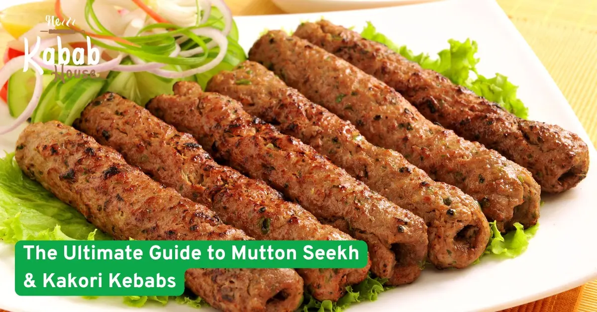 Grilled mutton seekh kebabs served with fresh salad on a white plate – ultimate guide to seekh and kakori kebabs.
