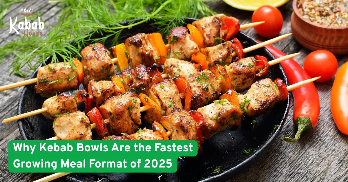 Grilled chicken kebabs with vegetables on skewers served in a pan, fresh herbs and peppers around, with bold food headline