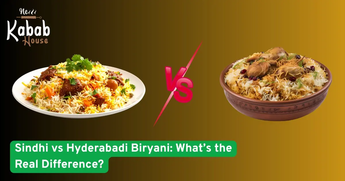 Comparison of Sindhi and Hyderabadi biryani bowls showcasing visual and flavor differences in two iconic rice dishes