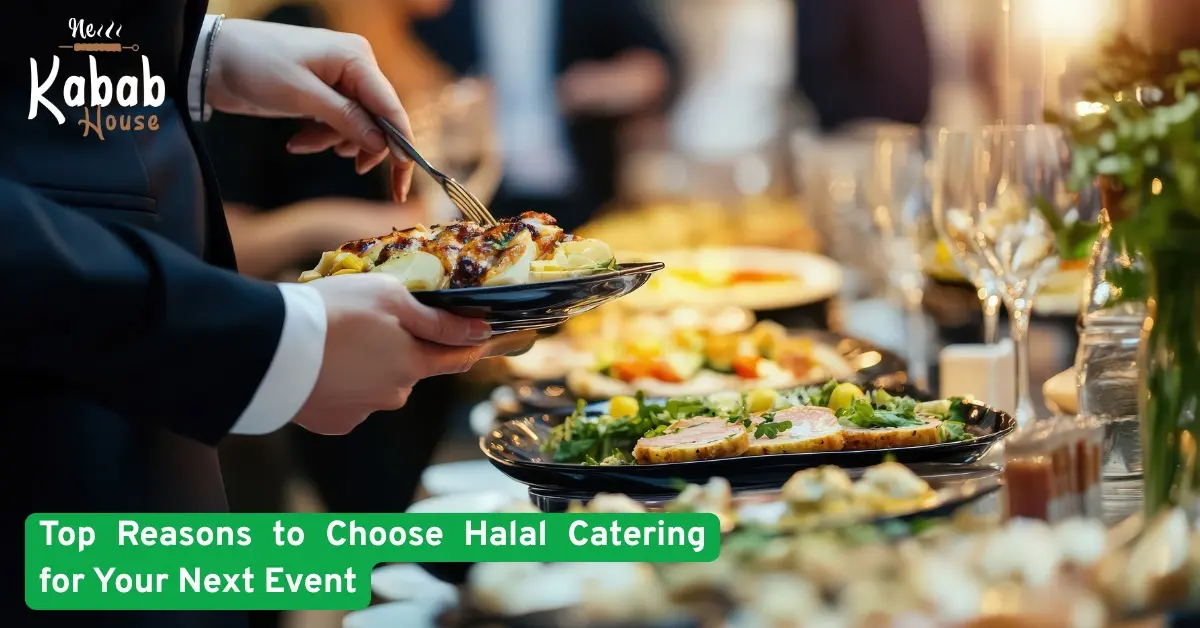 Professional halal catering buffet with grilled kebabs salads and elegant table setup served at a formal event or celebration